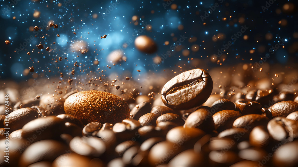 Morning coffee beans scattered against a blurred blue background create a vibrant, dynamic atmosphere of freshness and energy Morning coffee beans scattered against a blurred blue background create a vibrant, dynamic atmosphere of freshness and energy