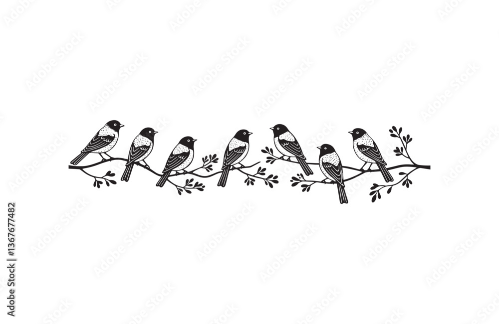 Set of birds in harmony branch illustration for stationery and patterns Set of birds in harmony branch illustration for stationery and patterns