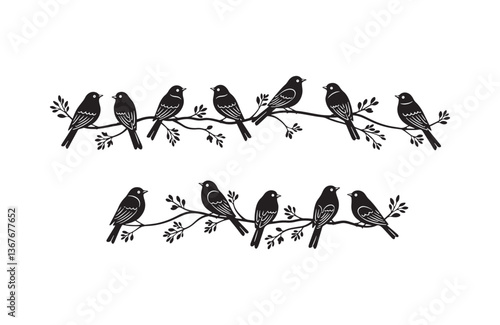 Artistic illustration of birds resting on tree limbs black sketch on white