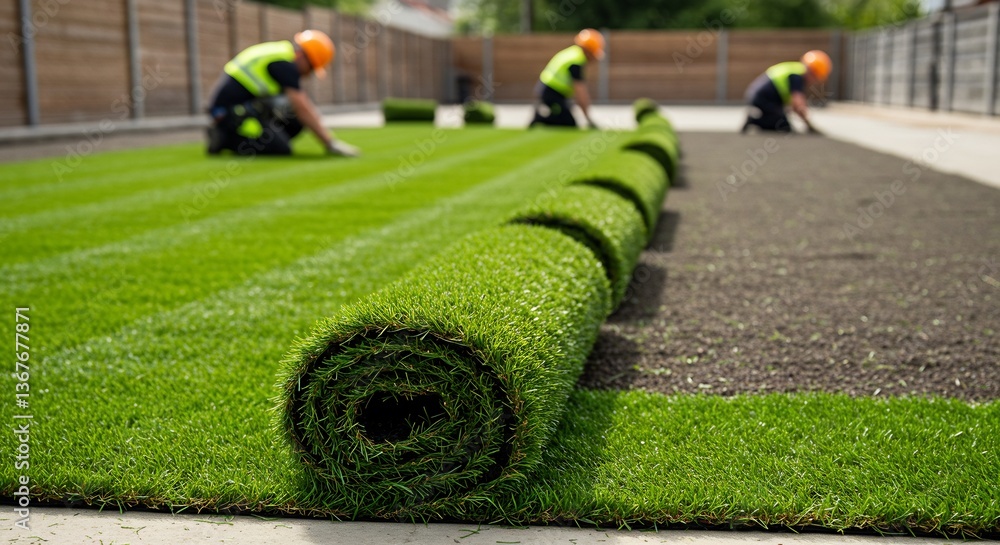 Obraz premium Workers expertly install lush green sod rolls under bright sunlight creating a vibrant new lawn.. AI Generated