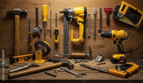 Yellow power tools and hand tools arranged on wooden workbench for DIY projects and home improvement.