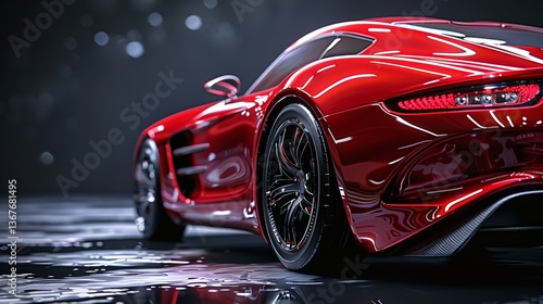 sleek, futuristic red car on a wet road at night with city lights reflecting off the surface, looking high-tech.