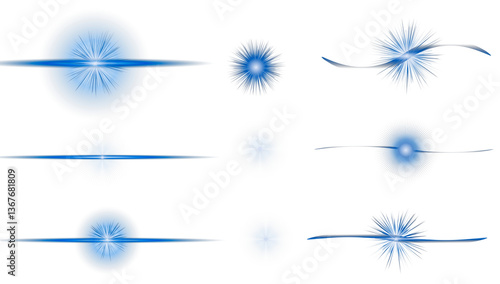 Blue lens glare. Realistic Blue Flash. Glowing effects. Glowing effects light or sunlight Flash. Realistic flares. Glowing effects.. Isolated glints set. Sparkle glares. Vector shimmering elements.