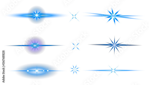 Flash. Realistic. Glowing effects. Stars light or sunlight reflection from lens. Stars in space. Set Isolated glints. Sparkle glares. Vector shimmering elements Yellow star flashed with sparkles sun.