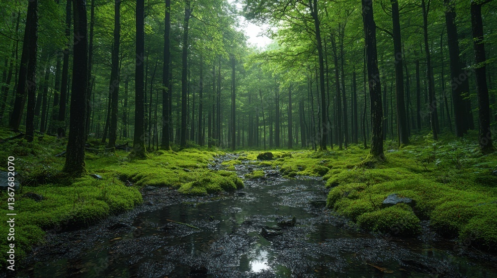 Obraz premium Dense Temperate Forest with Lush Deciduous Trees in a Natural Landscape