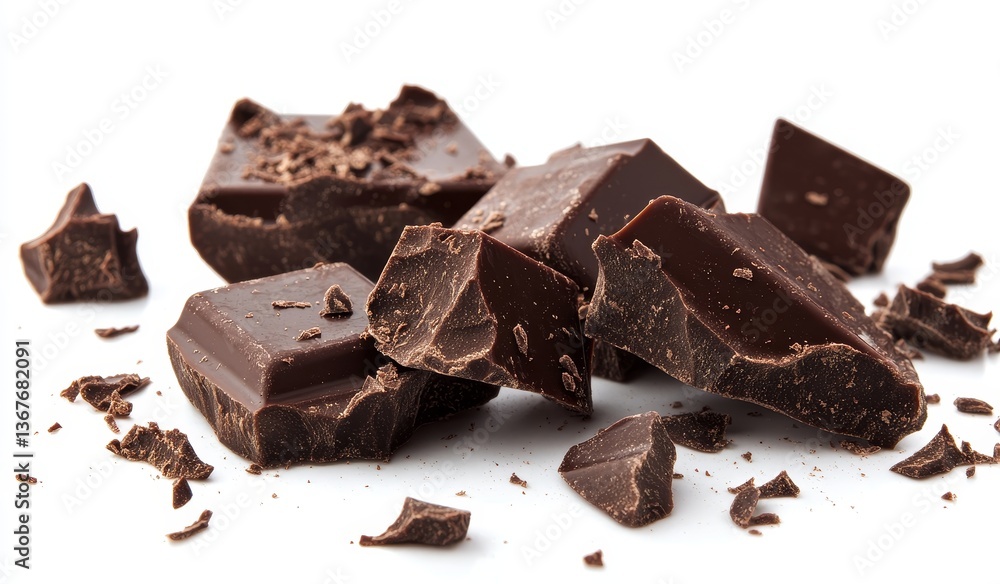 Broken Dark Chocolate Pieces on White Broken Dark Chocolate Pieces on White