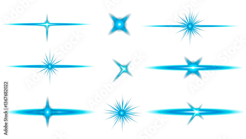 Set of blue stars glowing stage spotlights light beams isolated on transparent background. Glowing effects light or sunlight reflection from lens. Stars in space. Glowing stars. Realistic flares.