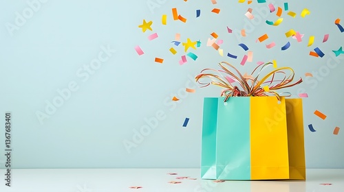 Vibrant and festive birthday gift bags with colorful ribbons and confetti scattered on a soft pastel background representing a joyful and the anticipation of unwrapping a special present