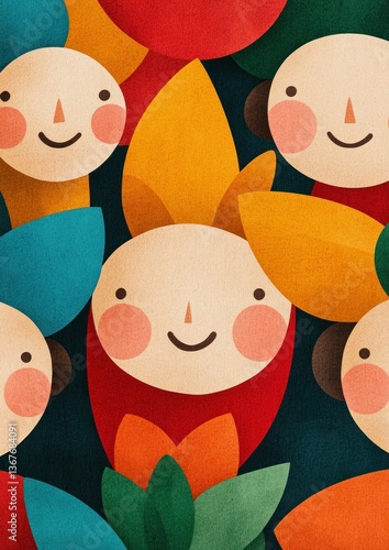 Colorful abstract illustration of cheerful characters with bright foliage, conveying joy and positivity, perfect for seasonal marketing materials and children s content