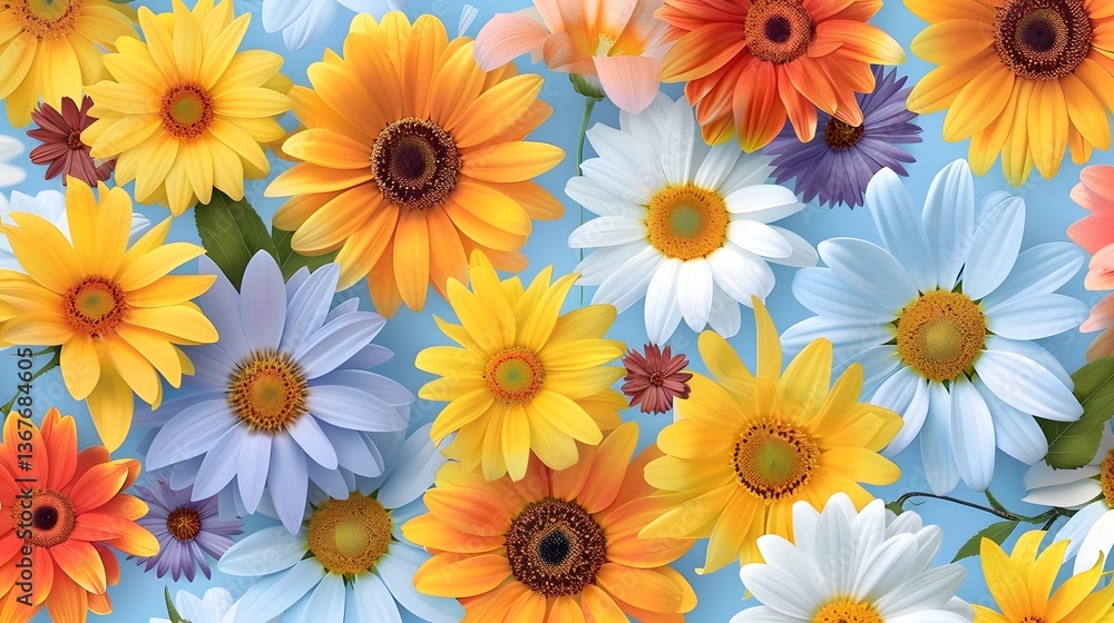 Obraz premium Whimsical and eye catching floral pattern featuring oversized daisies and sunflowers in bold primary colors that create a playful vibrant and cheerful design perfect for a variety of nature botanical