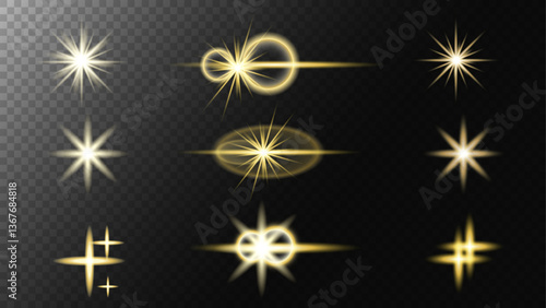Golden stars, sparks,snowflakes.Glowing effects light or sunlight reflection from lens. Stars Isolated glints set png golden party and anniversary celebration.Sparkle glares,shimmering elements.