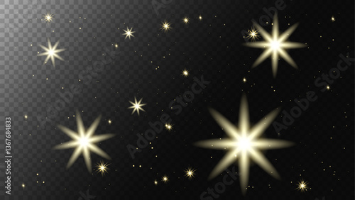  Golden Stars in space. Isolated glints set. Sparkle glares.Vector shimmering elements.Sparkling Shine light effect. Glitter luxury stars set on transparent background.Design illustration for banner.