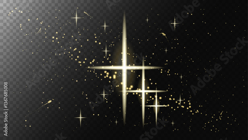 Glitter luxury star. Lens flash light effect.Set stars golden. Sparkling stars, flickering and flashing lights. Collection of different light effects on transparent background. Realistic vector.