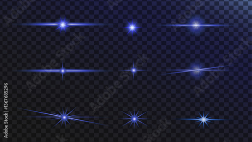 Set Realistic flares. Blue Flash. Floating glossy blue stars. Glowing effects light or sunlight reflection from lens. Stars in space. Isolated glints set. Sparkle glares.Vector shimmering elements