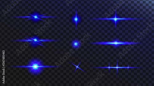 Glowing effects light or sunlight reflection from lens, illuminated, glitters, lustration, brilliant, ray, glow, flash,Stars in space. Isolated glints set. Sparkle glares.Vector shimmering elements