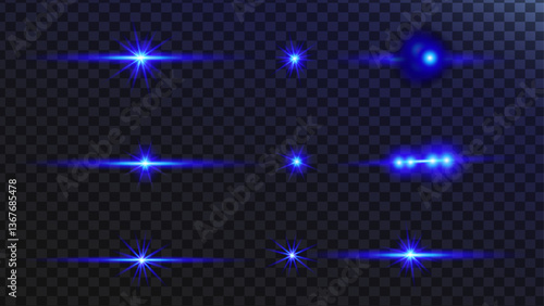 Blue Flash.  Wind glare, explosions, shine, dust, lines, solar. Glowing effects light or sunlight reflection from lens. Stars in space. Isolated glints set. Sparkle glares.Vector shimmering elements.