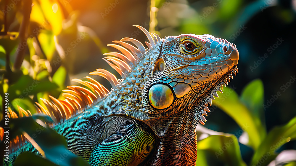 Obraz premium A green iguana perched on a tree branch in the wild with close-up details of its textured skin and scales