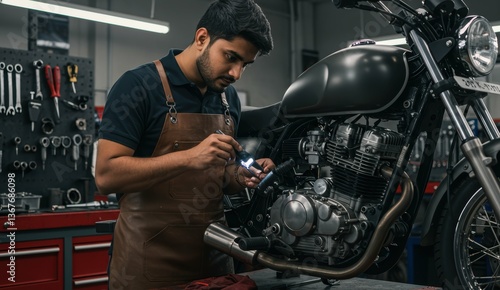 Indian male mechanic inspecting engine of black motorcycle in workshop highlighting craftsmanship, automotive culture.