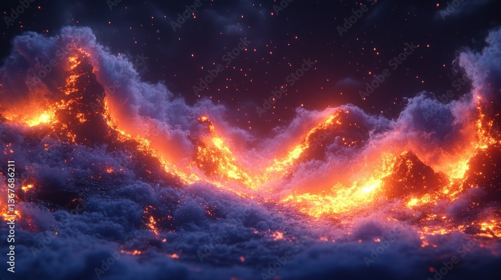 Fiery clouds illuminate a dark, starry sky with intense, orange light Fiery clouds illuminate a dark, starry sky with intense, orange light