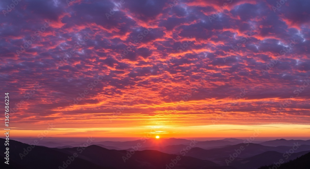 Fototapeta premium 燃えるような夕焼け空 山並みに広がる幻想的な色彩