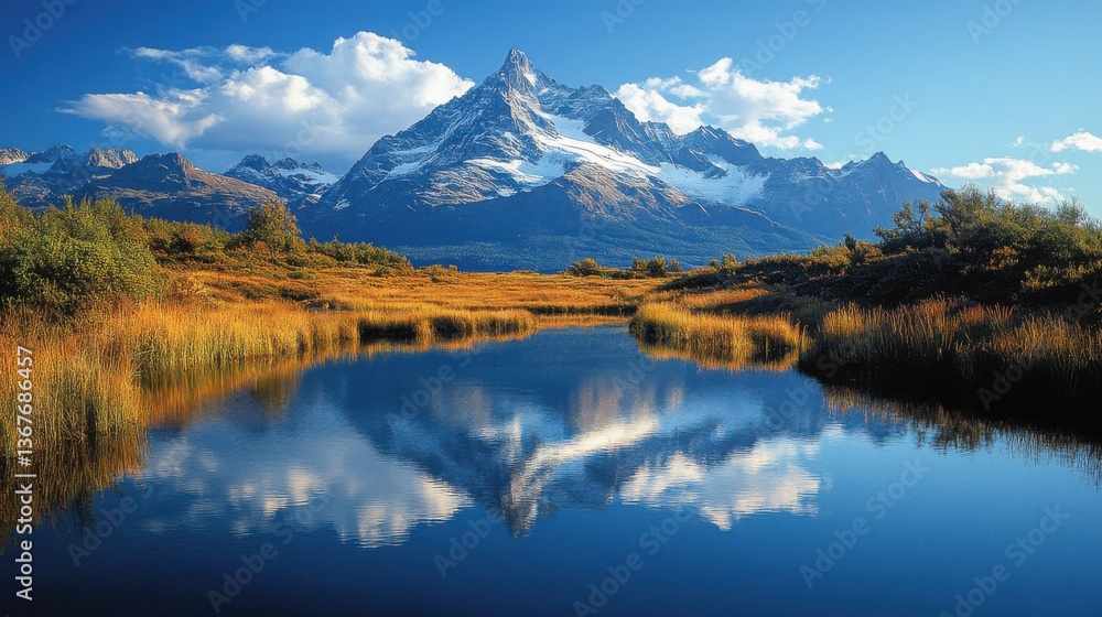 Towering Mountain Peaks Reflected in a Still Lake Towering Mountain Peaks Reflected in a Still Lake