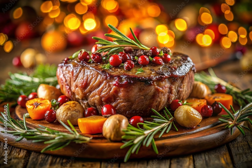 Juicy Christmas Steak Dinner: Festive Roast Beef with Roasted Vegetables and Holiday Garnishes Juicy Christmas Steak Dinner: Festive Roast Beef with Roasted Vegetables and Holiday Garnishes