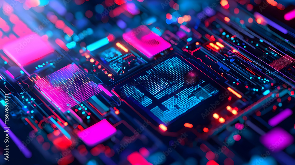 Fototapeta premium Abstract Colorful Circuit Board with Neon Lights and Patterns