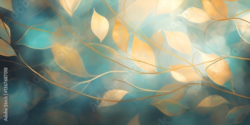 Abstract digital art of overlapping teal and gold leaves, with sunrays filtering through them, c