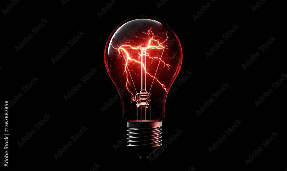 Glowing Light Bulb with Red Lightning Energy Inside Dark Background Glowing Light Bulb with Red Lightning Energy Inside Dark Background