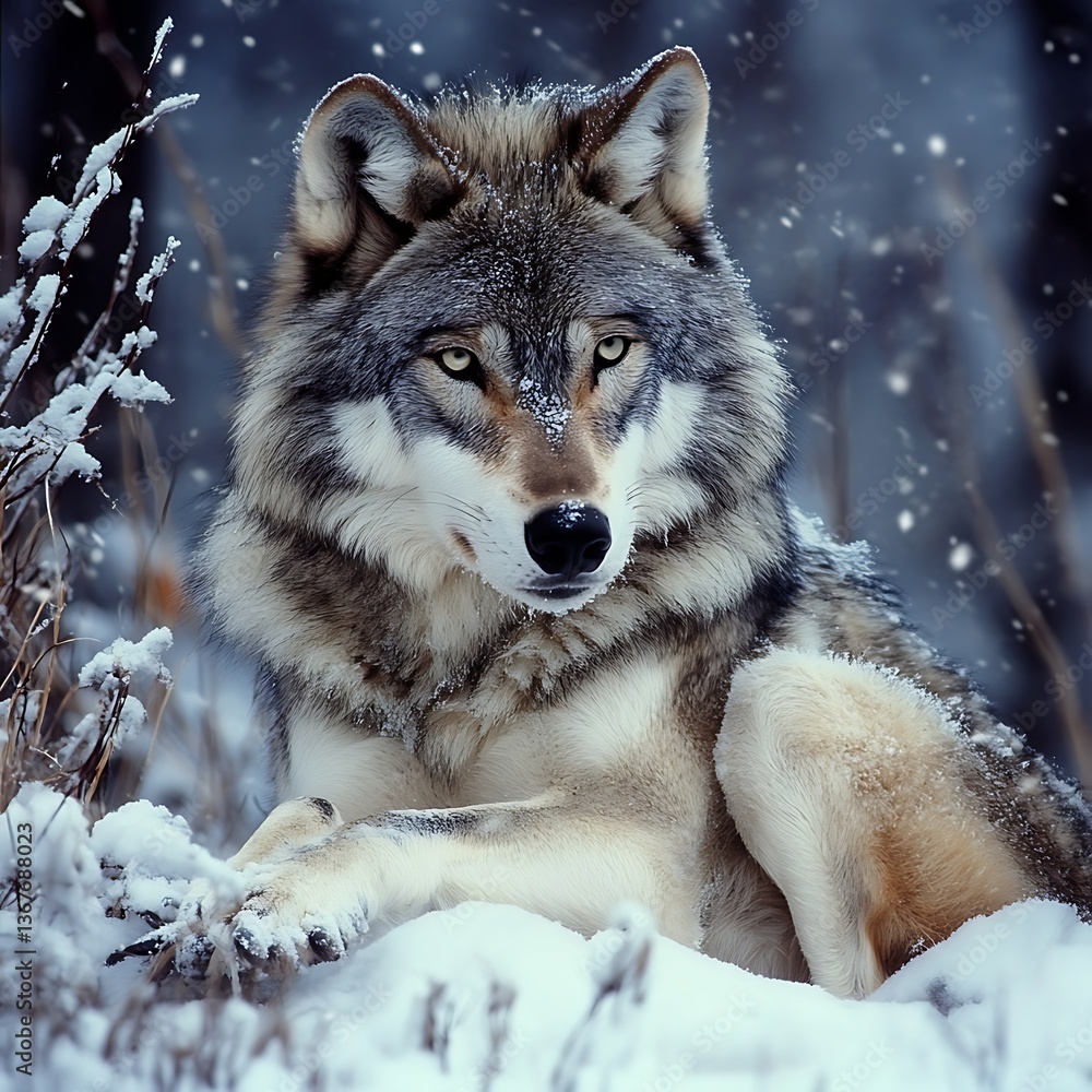 Obraz premium Beautiful gray wolf hunting in frozen wilderness high-resolution picture