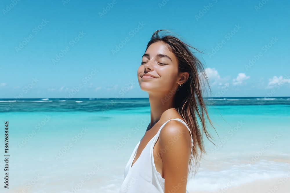 Woman soaking up the sun at the beach Woman soaking up the sun at the beach