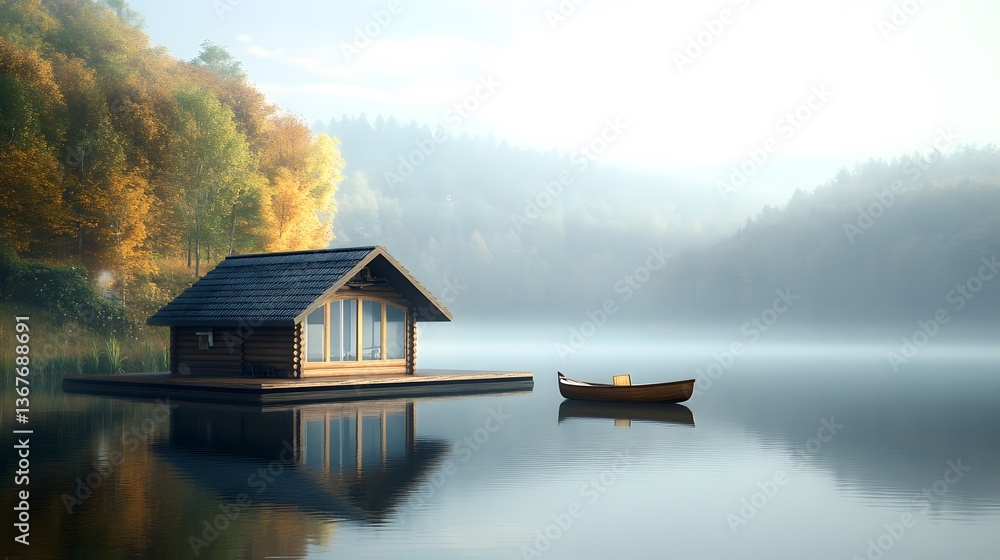 Fototapeta premium A floating house on a tranquil lake with a small boat docked nearby