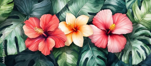 Wallpaper Mural Tropical hibiscus flowers amidst lush monstera leaves; vibrant floral background for design Torontodigital.ca