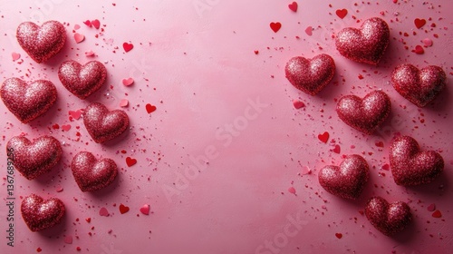 Valentine's Day Greeting Card with Red Hearts on Pink Background