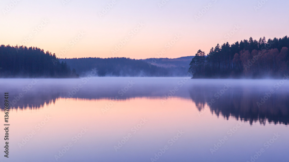 Fototapeta premium Scenic lake with trees in the background and rippling vaporous reflections at dusk, creating a beautiful and tranquil nature landscape.