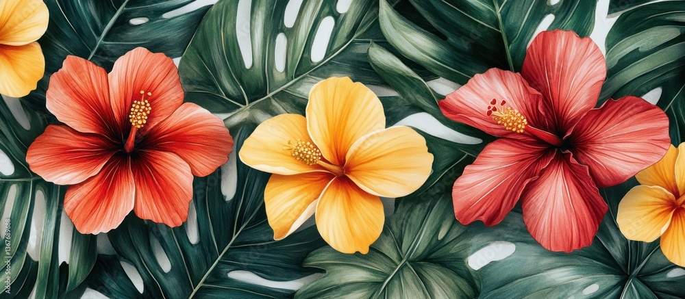 custom made wallpaper toronto digitalTropical hibiscus flowers, lush leaves, summer background, design