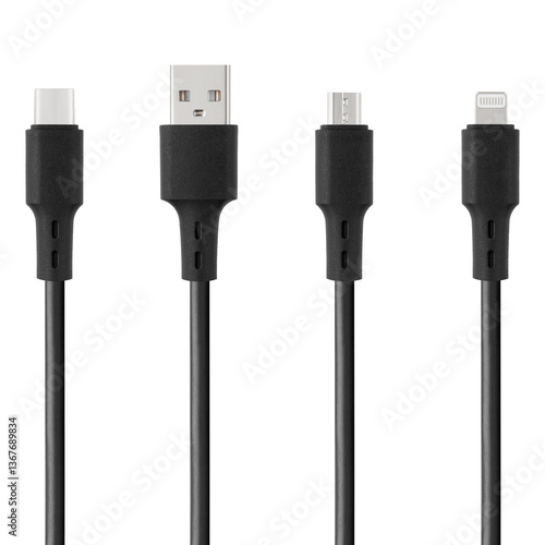 Black cable for charging and synchronization with Type - C, USB, Micro USB, Lightning connectors on a white isolated background close-up