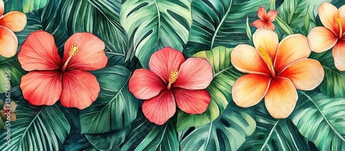 Wallpaper Mural Tropical hibiscus flowers, lush leaves, vibrant colors, summer background, textile print Torontodigital.ca