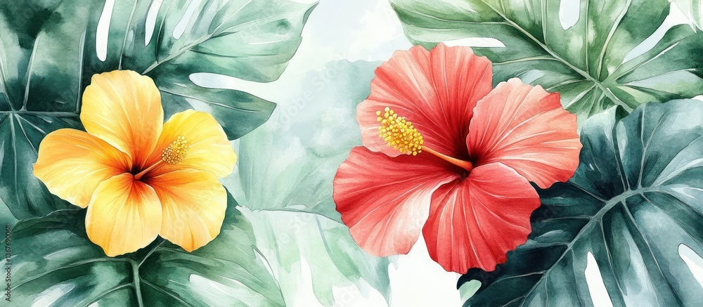 custom made wallpaper toronto digitalTropical hibiscus flowers watercolor art, lush leaves background, nature print
