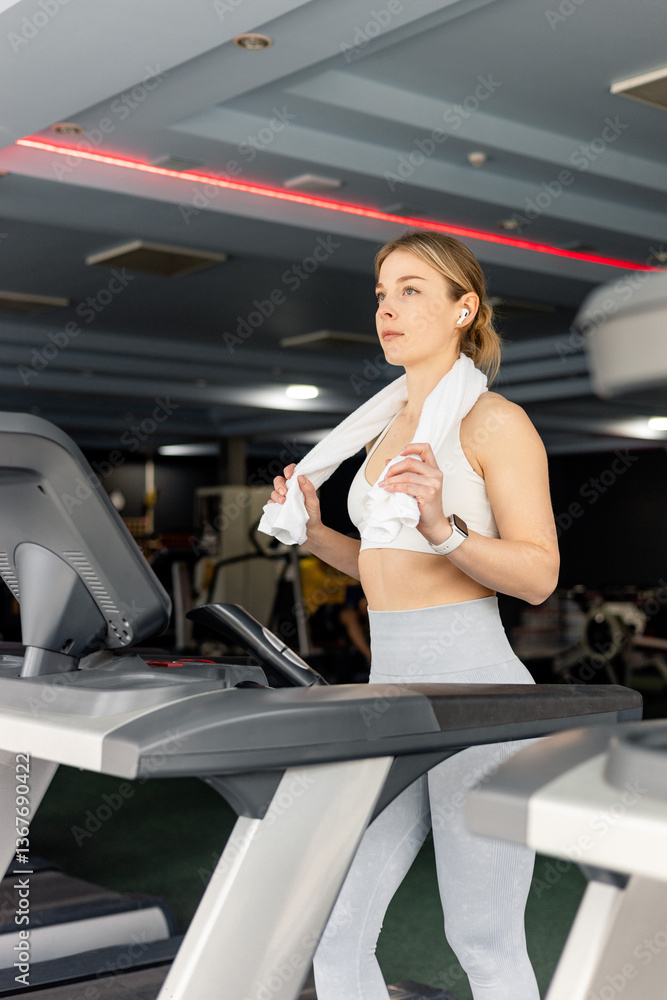 Happy European woman in sportswear and wireless headphones and towel around neck doing hard cardio workout on treadmill, lady working out in empty gym Happy European woman in sportswear and wireless headphones and towel around neck doing hard cardio workout on treadmill, lady working out in empty gym