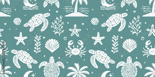 Hand-drawn seamless ocean pattern featuring sea turtles, crabs, starfish, palm trees, shells, and coral on a teal background, perfect for marine-themed designs, beachwear, and coastal illustrations