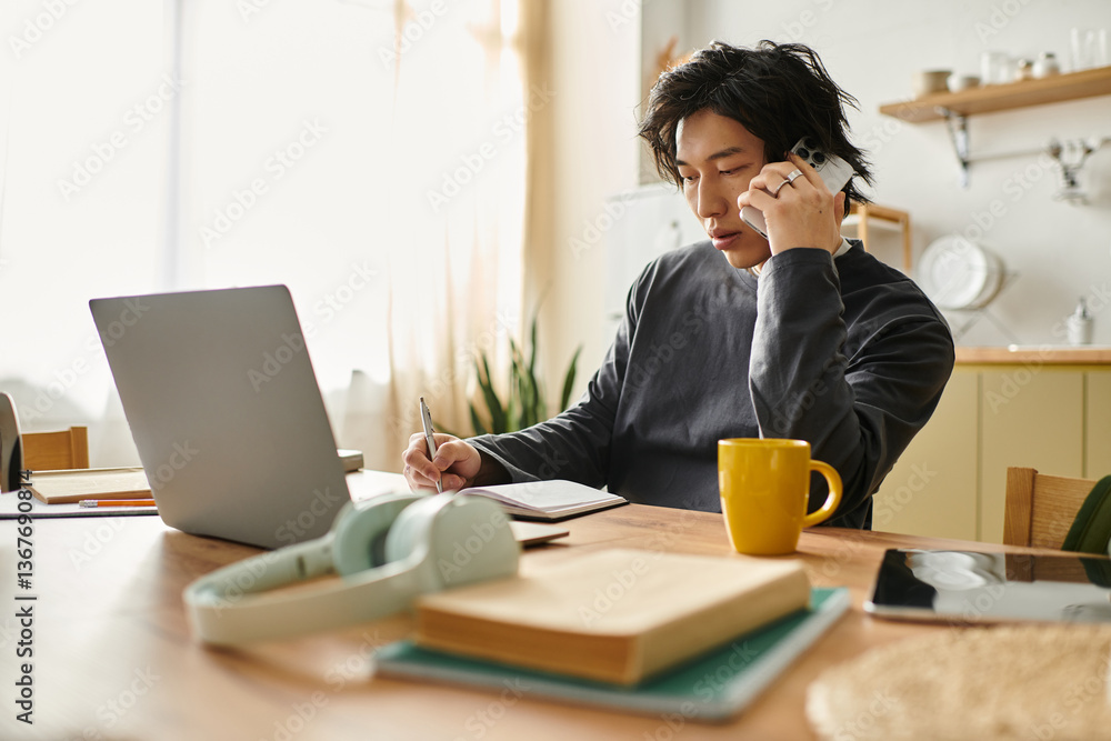 Fototapeta premium Studying online at home, a focused young man engages in e-learning at his desk