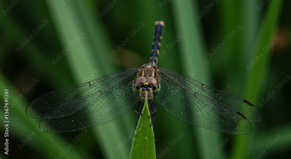 Close-up of a dragonfly perched on a green leaf in a lush environment Close-up of a dragonfly perched on a green leaf in a lush environment