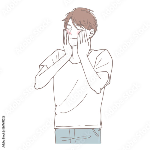 お肌の手入れをしている男性のイラスト