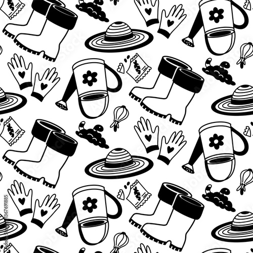 spring planting pattern. Bots, watering cans, hat, soil in the style of flat doodles, on a white background. Seamless texture in the theme of plant transplantation. Garden elements, seeds and tools