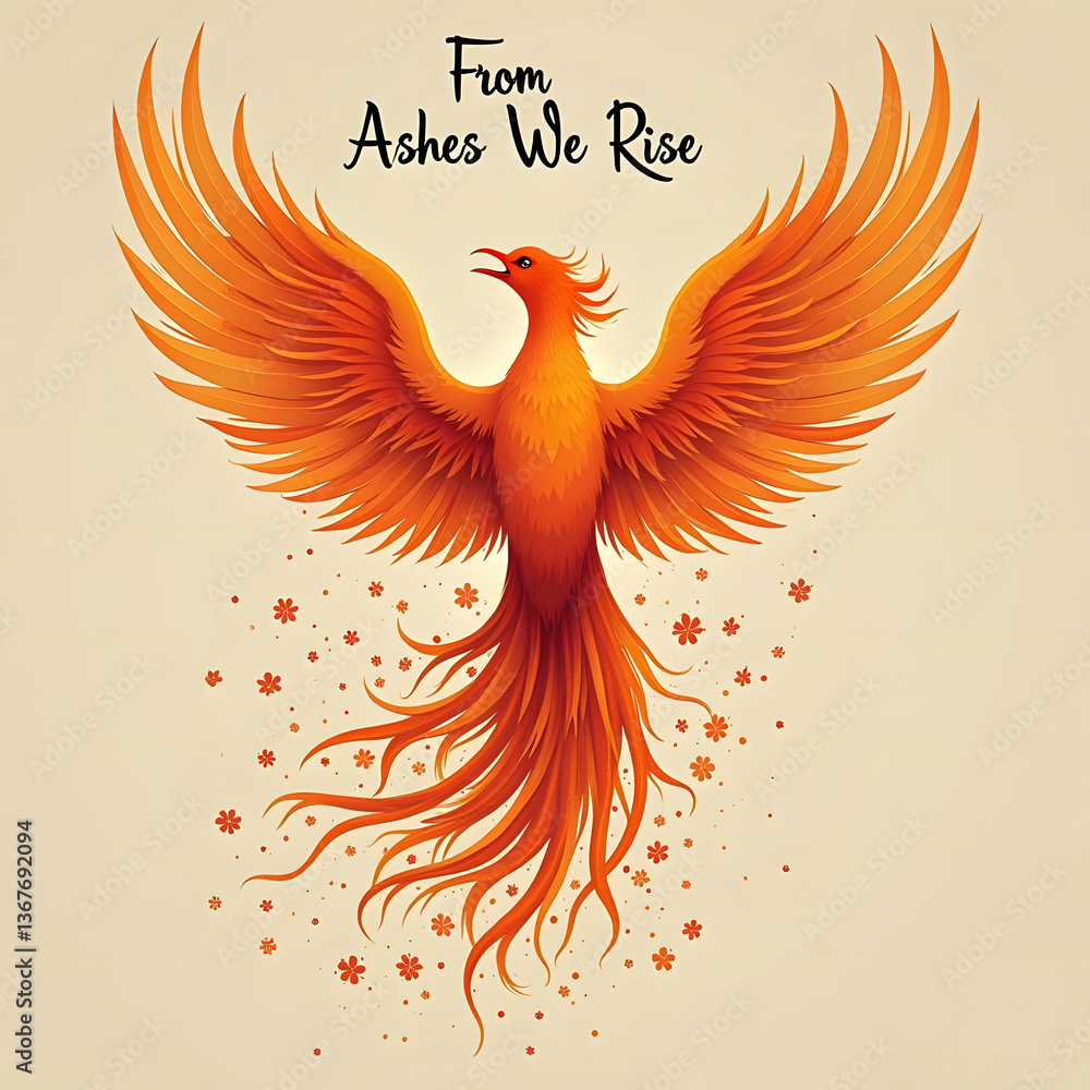 Fototapeta premium A powerful and symbolic digital illustration of a phoenix, the legendary bird of rebirth and renewal. The vibrant orange and gold feathers radiate energy as the phoenix spreads its wings, rising from 