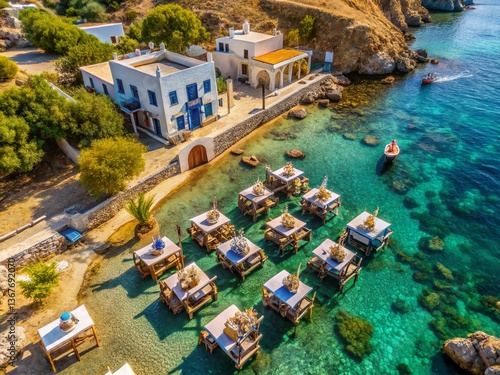 Kimolos Island Greece: Aerial View of Beachside Greek Tavern Restaurant in Kimolos Port, Cyclades