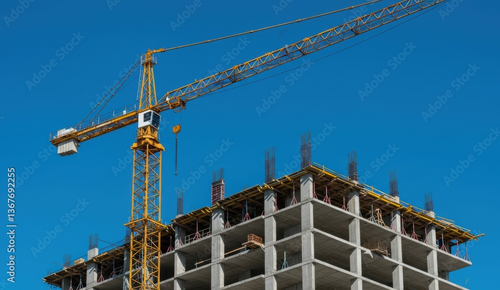 Construction crane lifting materials at building site in urban environment. Represents development and infrastructure growth. Construction crane lifting materials at building site in urban environment. Represents development and infrastructure growth.
