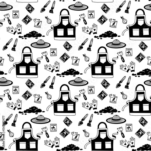 A pattern of garden tools and plants, clothes, and seeds in the style of flat doodles, highlighted on a white background. Texture theme is planting plants. Gardening supplies