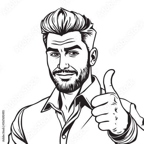Continuous one black line art drawing a handsome man giving a thumbs up design vector.